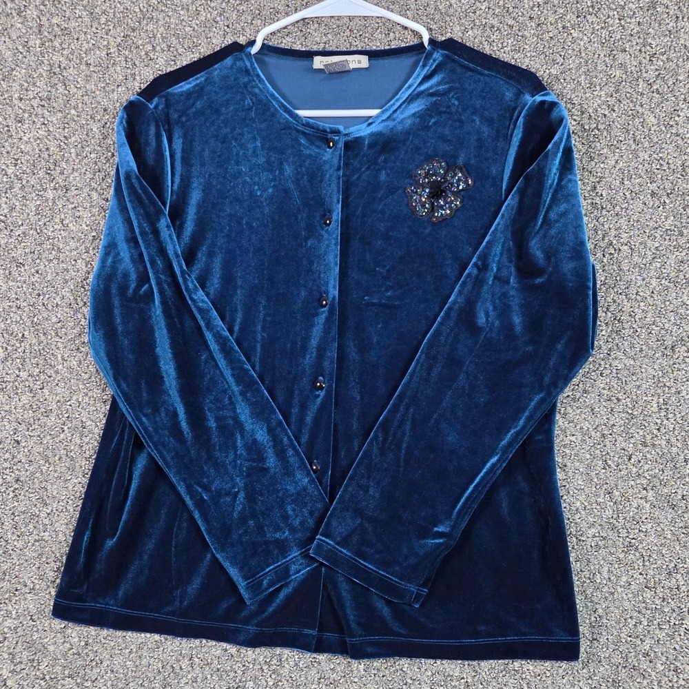 Notations Velvet Cardigan Womens Large Blue Sequin Flower Button Up 1A96100